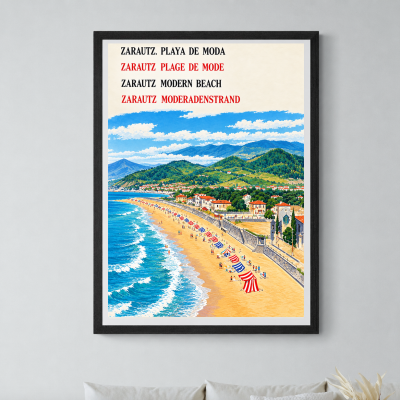 Affiche vintage Zarautz Playa de Moda représentant la plage du Pays Basque