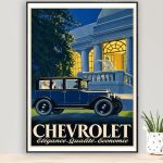 Affiche Chevrolet vintage avec voiture ancienne et design publicitaire rétro