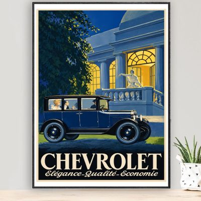 Affiche Chevrolet vintage avec voiture ancienne et design publicitaire rétro
