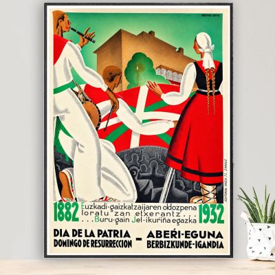 Affiche vintage Aberri Eguna avec costumes traditionnels et drapeau basque
