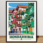 Affiche vintage Hondarribia avec maisons colorées et balcons fleuris du Pays Basque