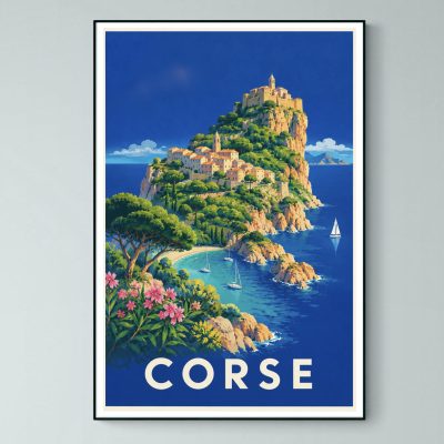 Affiche illustrée de la Corse avec village méditerranéen, falaises et mer turquoise