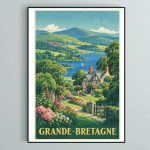 Affiche illustrée de la Grande-Bretagne avec cottage, lac et collines verdoyantes