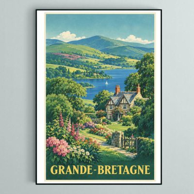 Affiche illustrée de la Grande-Bretagne avec cottage, lac et collines verdoyantes