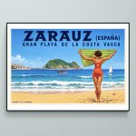 Affiche vintage Zarautz représentant la Grande Plage de la côte basque espagnole