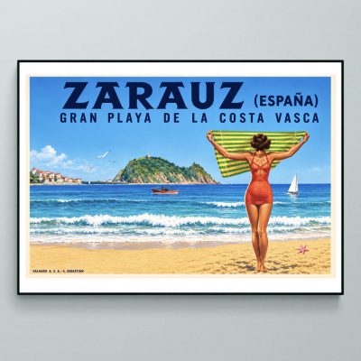 Affiche vintage Zarautz représentant la Grande Plage de la côte basque espagnole