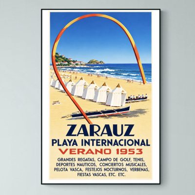 Affiche vintage Zarauz 1953 Playa Internacional avec plage et cabines de bord de mer