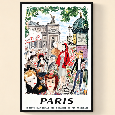 Affiche Paris vintage encadrée représentant une scène parisienne rétro