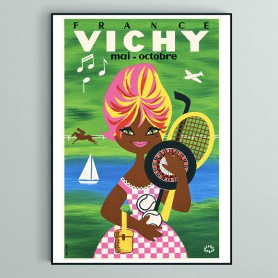 Affiche vintage Vichy France mai octobre avec illustration féminine colorée et loisirs estivaux